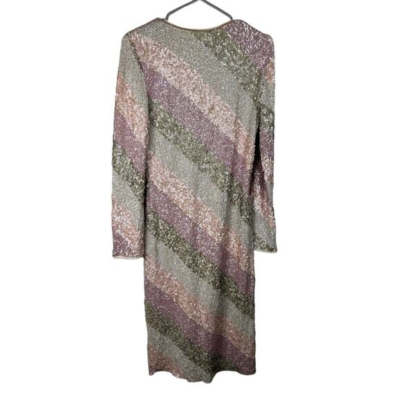 NWT Bl-nk London Full Sequin Knee Length Striped Deep V Neck Lined Slits Large - Picture 3 of 6